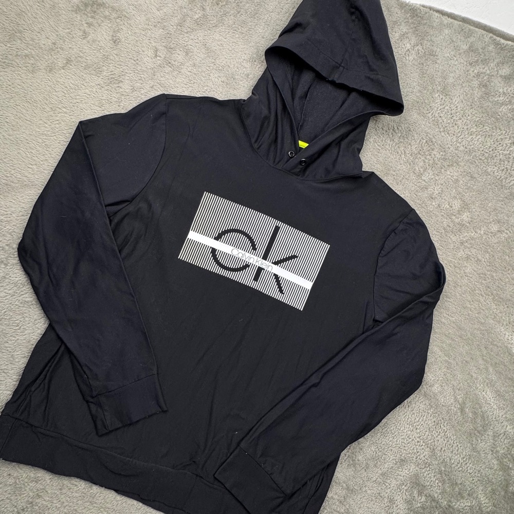 Calvin Klein Hoodie Mens Small Black Excellent Graphic Logo Long Sleeve Tee